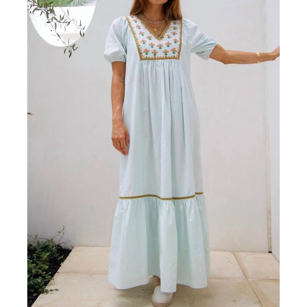 NEW Ex Voto Hayes Maxi Dress Size Small Blue Embroidered Cotton Floral Tiered